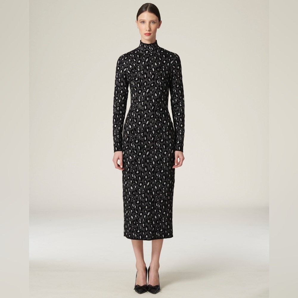 Carolina Herrera Leopard Jacquard Turtleneck Midi Dress